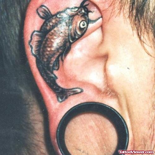 Grey Ink Koi Fish Ear Tattoo
