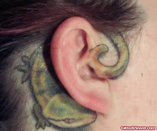 Green Geicko Lizard Right Ear Tattoo