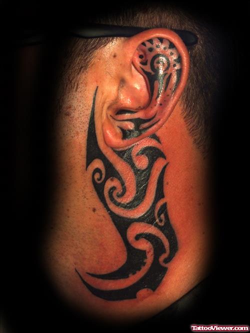 Black Ink Tribal Ear Tattoo