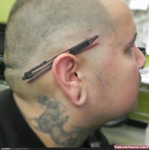 Pen Tattoo On Right Ear