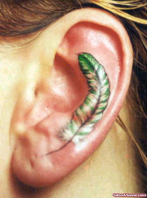 Green Feather Ear Tattoo