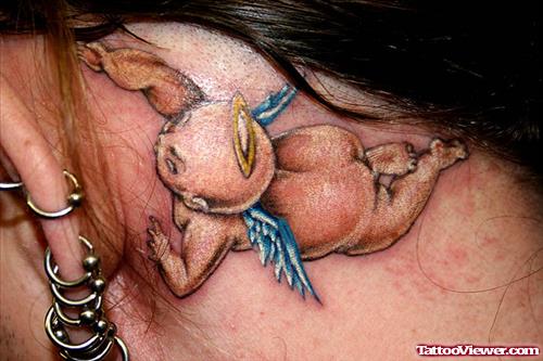 Flying Cherub Angel Behind Ear Tattoo