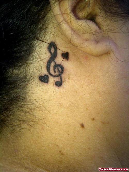 Music Violen Key And Hearts Tattoo Behind Ear