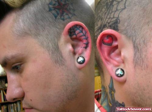 Heart And Spider Web Ear Tattoos
