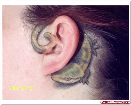 Gecko Lizard Around Ear Tattoo