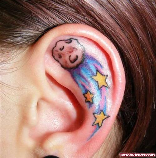 Colored Stars Tattoos In Ear