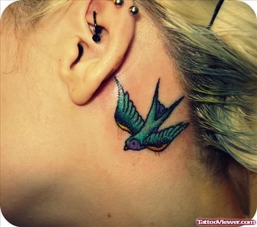 Blue Ink Flying Bird Back Ear Tattoo