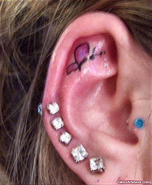 Butterfly Inside Ear Tattoo For Girls
