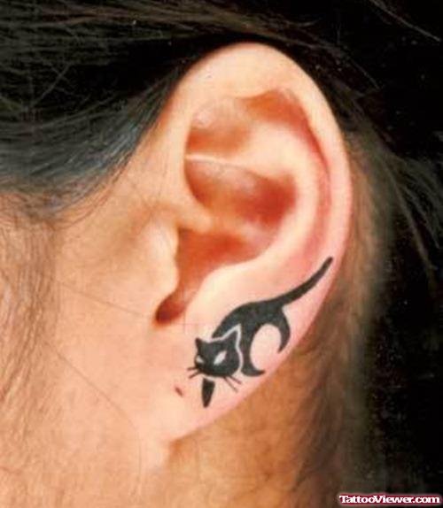 Black Cat Left Ear Tattoo