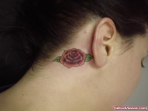 Red Rose Tattoo On Behind Ear