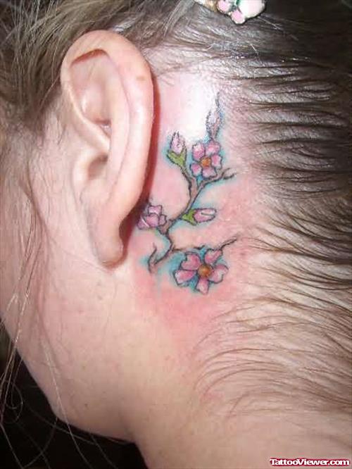 Cherry Blossoms Behind Ear Tattoo