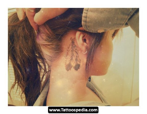 Grey Ink Feathers Ear Tattoo For Girls