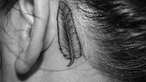 Grey Ink Feather Back Ear Tattoo
