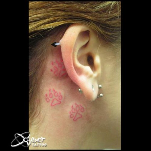 Red Paw Prints Back Ear Tattoo