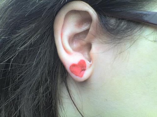 Pink Heart Right Ear Tattoo