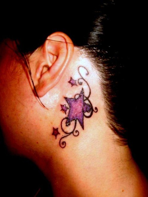 Colored Star Tattoo Behind Ear