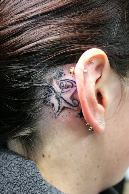 Stars And Alphabet K Ear Tattoo