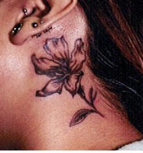 Grey Ink Flower Ear Tattoo For Girls