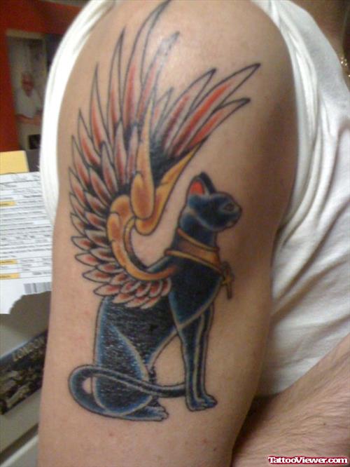 Winged Egyptian Bastet Cat Tattoo On Half Sleeve