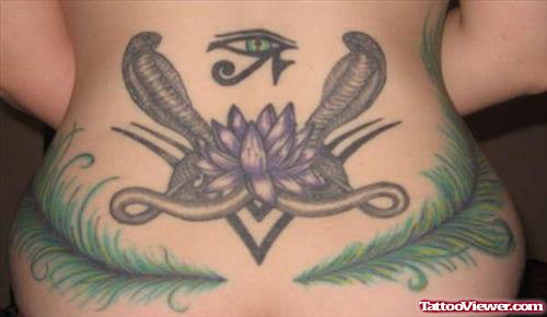 Peacock Feathers With Lotus Flower And Snake Egyptian Tattoo On Back