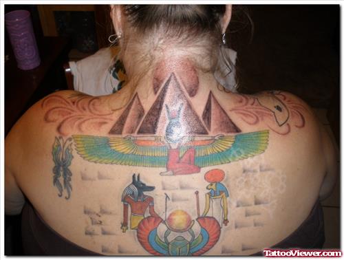 Egyptian Pyramids And God Tattoo On Back For Women