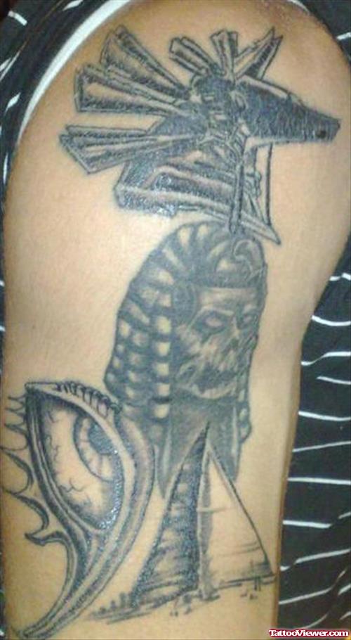 Beautiful Grey Ink Egyptian Tattoo On Sleeve