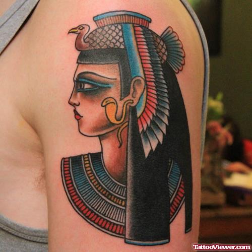Awesome Colored Egyptian Tattoo On Left Half Sleeve