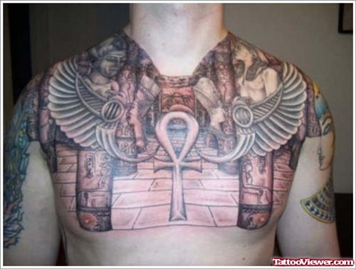 Ankh And Egyptian Tattoos On Man Chest