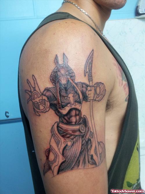 Grey Ink Egyptian God Tattoo On Right Half Sleeve