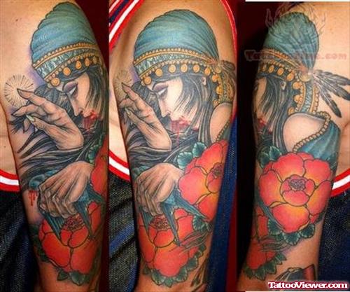 Flowers And Egyptian Girl Tattoo On Sleeve