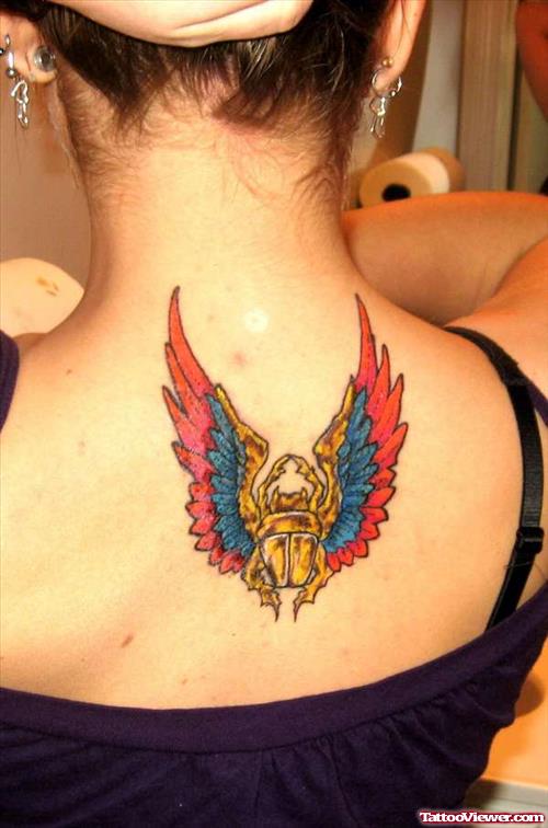 Egyptian Scarab Beetle Tattoo On Upperback