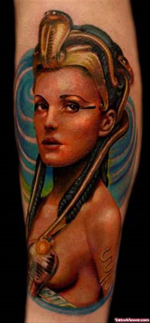 Egyptian Girl Colored Tattoo On Sleeve