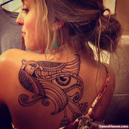 Egyptian Bird And Eye Tattoo On Girl Back