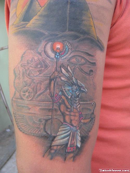 Colored Ink Ra Egyptian Tattoo On Right Sleeve