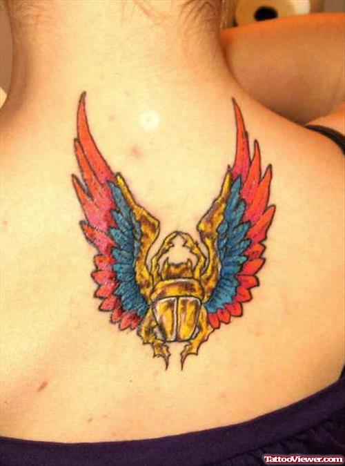 Colored Egyptian Tattoo On Upperback