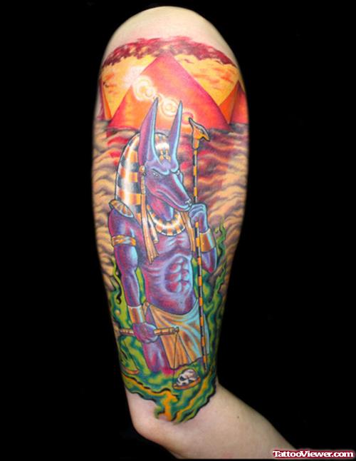Colored Anubis Egyptian Tattoo On Right Half Sleeve