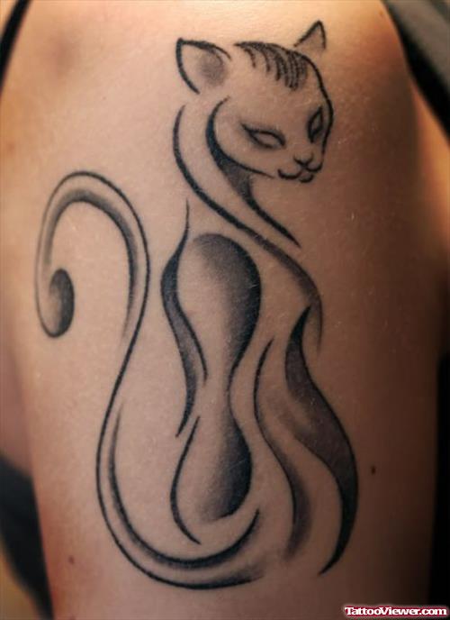 Awesome Grey Ink Tribal Egyptian Cat Tattoo On Half Sleeve