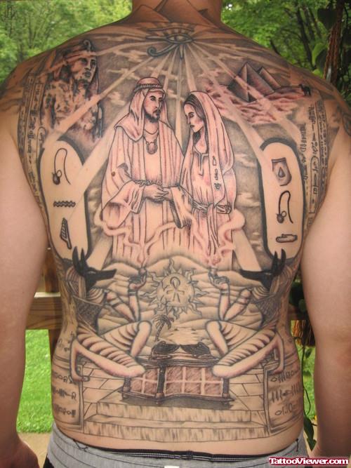 Grey Ink Egyptian Tattoo On Man Back Body