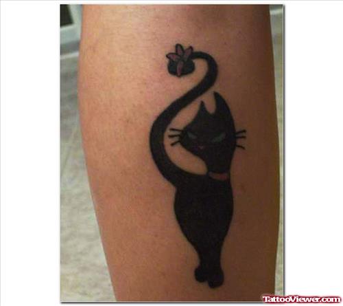 Black Egyptian Bastet Tattoo On Leg