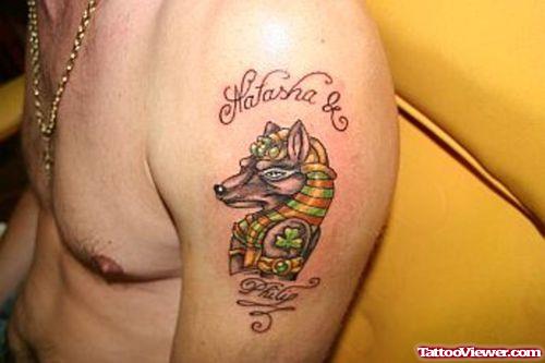 Colored Anubis Egyptian Tattoo On Left Shoulder