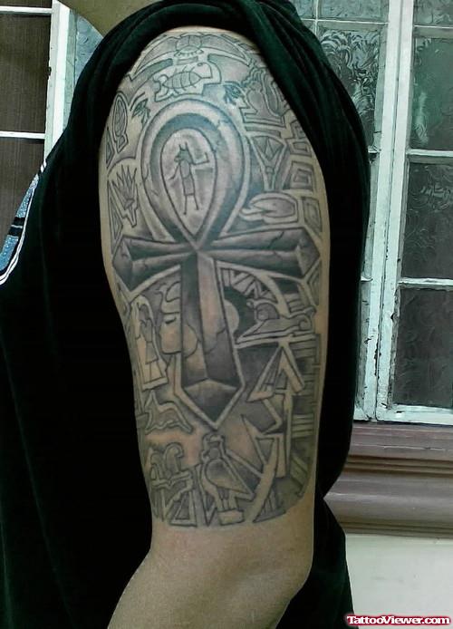 Ankh And Egyptian Tattoo On Left Half Sleeve