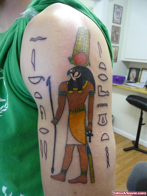 Egyptian God Of War Tattoo On Left Half Sleeve