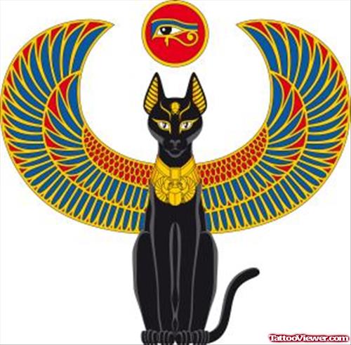 Colored Winged Egyptian Cat Tattoo Design