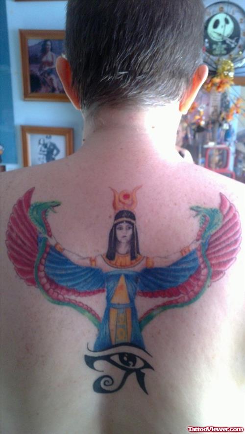 Colored Egyptian Girl And Era Eye Tattoo On Back