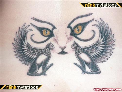 Yellow Eyes Cat And Winged Bastet Tattoo