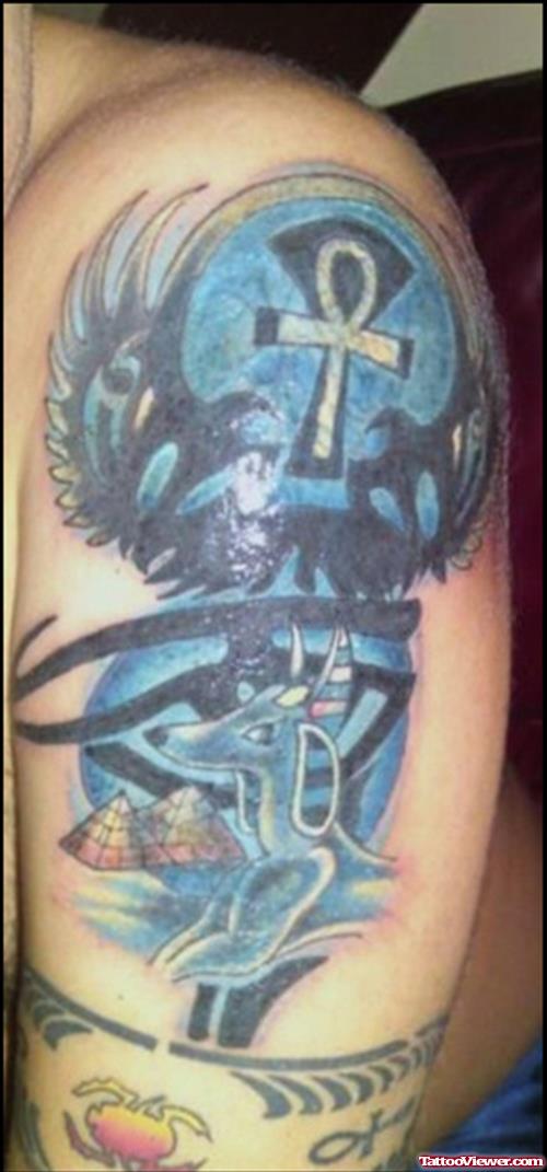Tribal And Egyptian Tattoo On Left Half Sleeve