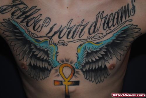 Follow Your Dream - Winged Egyptian Ankh Tattoo On Chest
