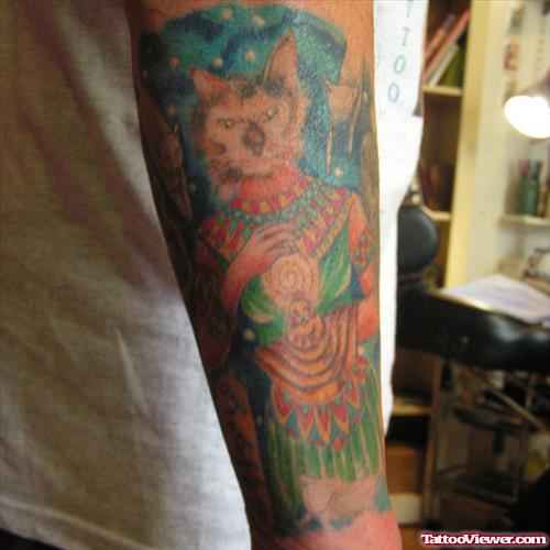 Colored Ink Egyptian Goddess Tattoo On Sleeve