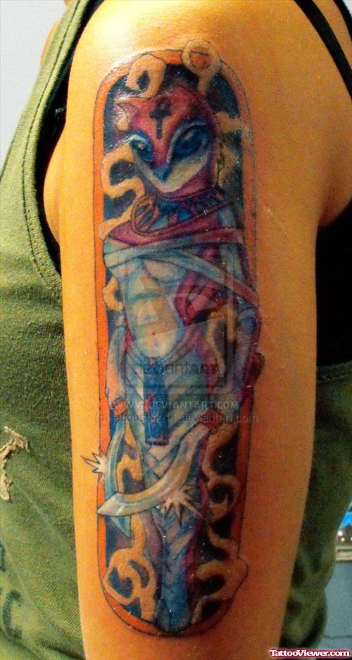 Colored Egyptian Cat Tattoo On Left Half Sleeve