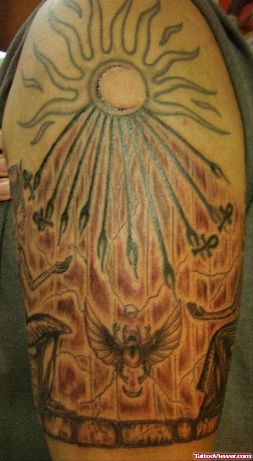 Sun Egyptian Tattoo On Half Sleeve